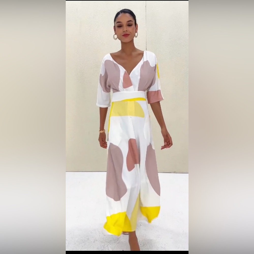 ADOR Abstract Colorblock V-Neck Maxi Dress in White, Beige & Yellow